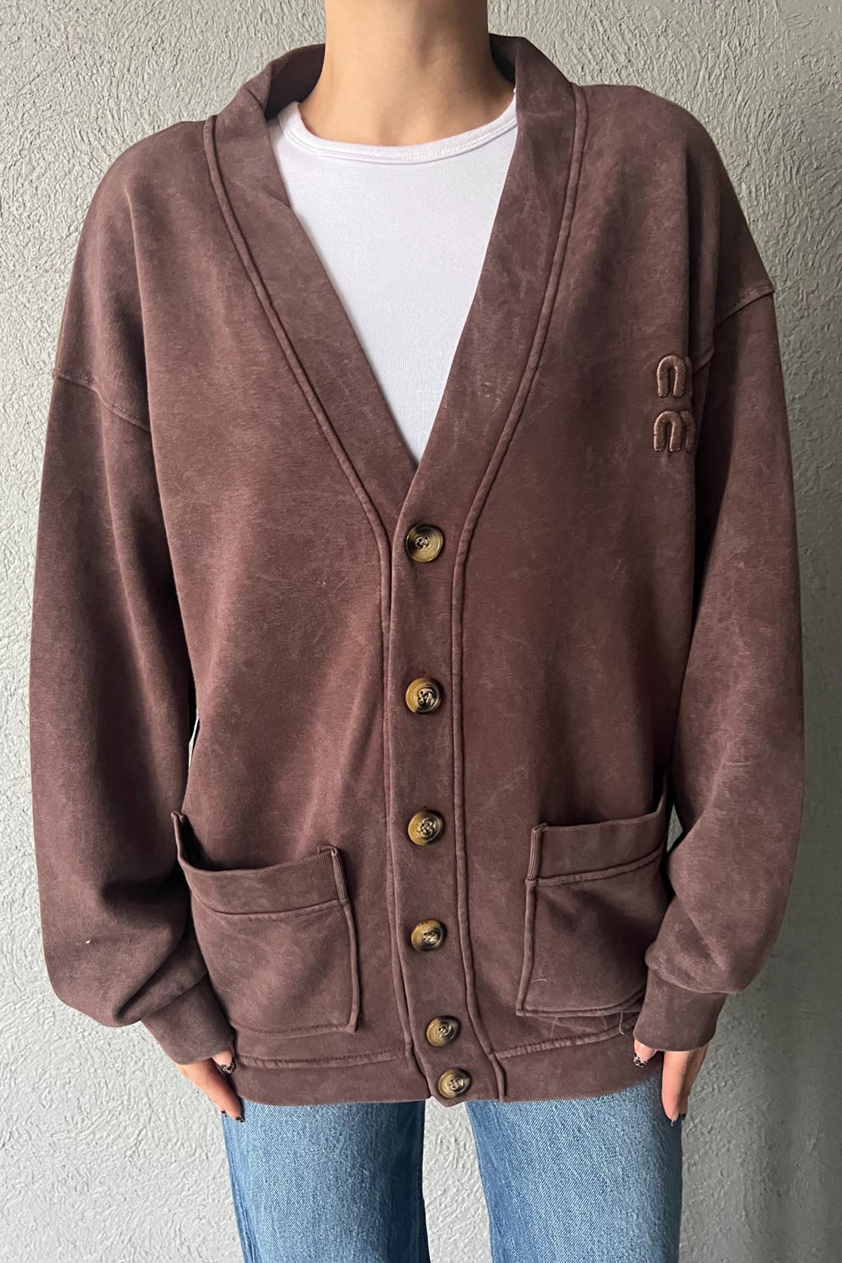 Kahve Logo Detay Yıkamalı Hırka SY-2751-Kahve