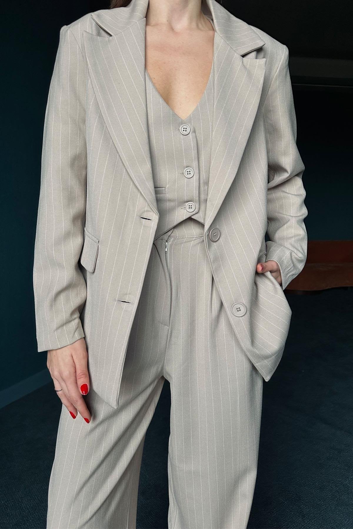 Premium Çizgili Bej Kadın Ceket SY-2877-Bej