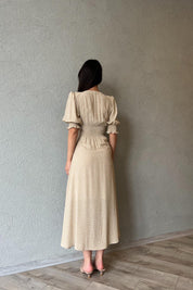 Vizon Puantiyeli Arka Bel ve Kol Ucu Gipeli Elbise SY-1727-Vizon