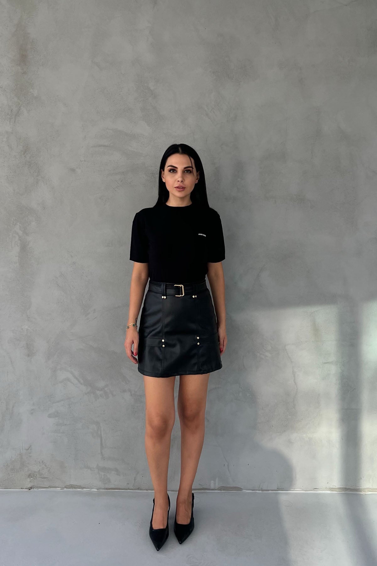 Siyah Kemerli Gizli Cep Detaylı Deri Etek SY-2485-Siyah