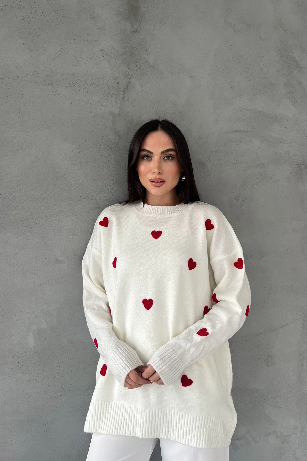 Ekru Kalp Nakışlı Triko Kazak SY-2387-Ekru