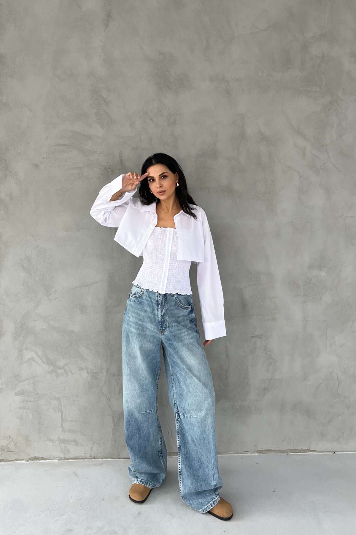 Beyaz Gipeli Crop Gömlek Poplin Takım SY-2466-Beyaz