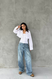 Beyaz Gipeli Crop Gömlek Poplin Takım SY-2466-Beyaz