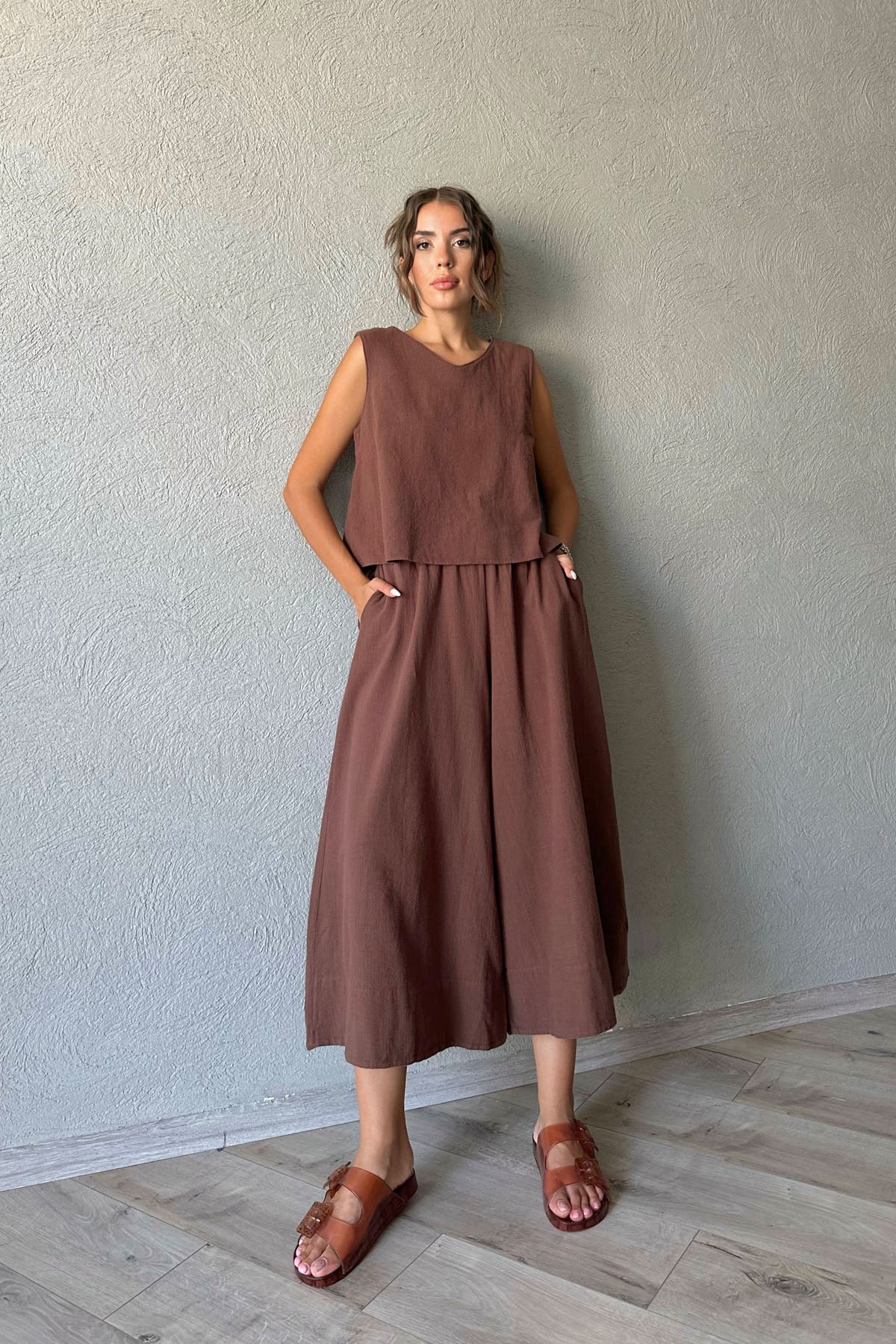 Acı Kahve Keten Bluz ve Beli Lastikli Pantolon Takım SY-0766-Acı Kahve