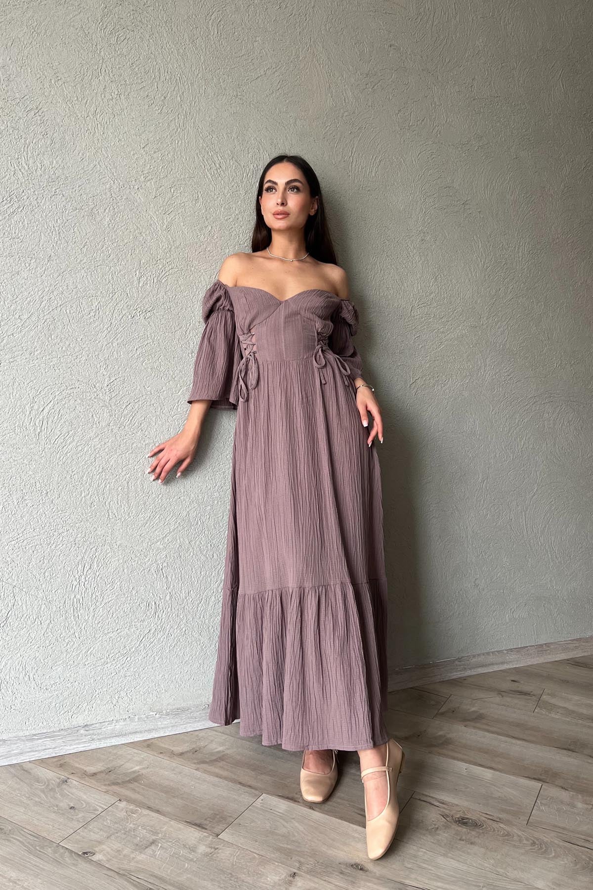 Mürdüm Düşük Kol Balenli  Gofre Kumaş Uzun Elbise SY-1779-Mürdüm