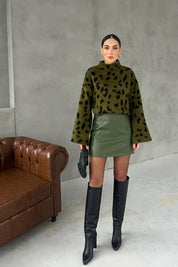 Haki Trapez Mini Deri Etek SY-2794-Haki