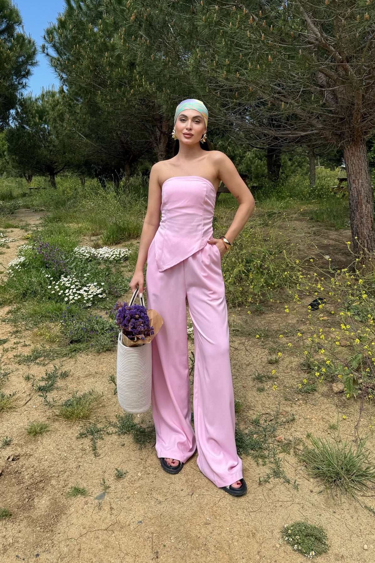 Pembe Asimetrik Straplez ve Pantolon Takım SY-3189-Pembe