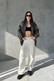 Krem Leopar Desenli Beli Ve Kolu Lastikli Mont SY-2524-Krem