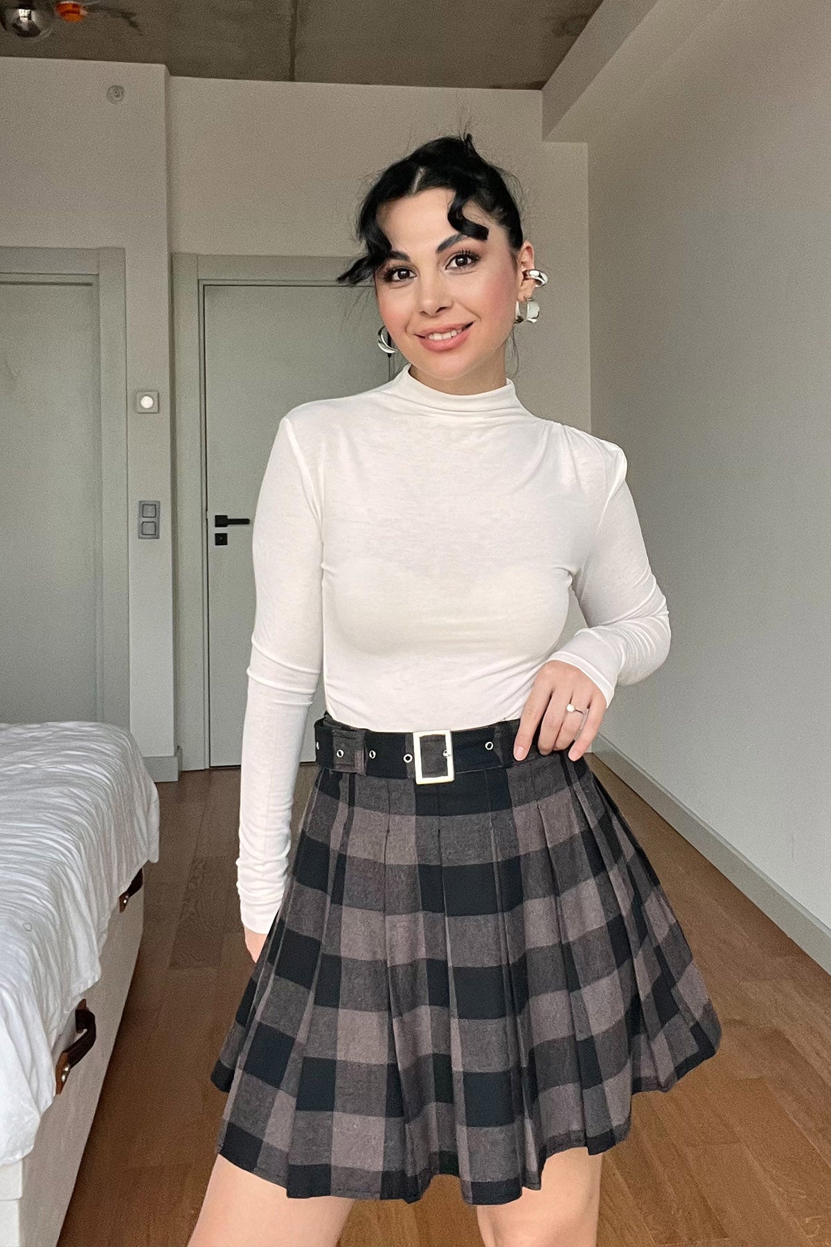 Kahve Ekoseli Kısa Kemerli Pileli Etek SY-3010-Kahve