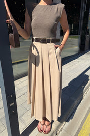 Kahve Eteği Pileli Kemerli Elbise SY-3331-Kahve