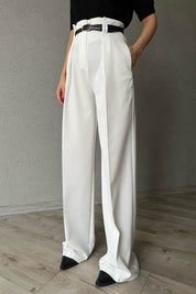 Beyaz Kemer Detaylı Yüksek Bel Geniş Paça Pantolon SY-1681-Beyaz