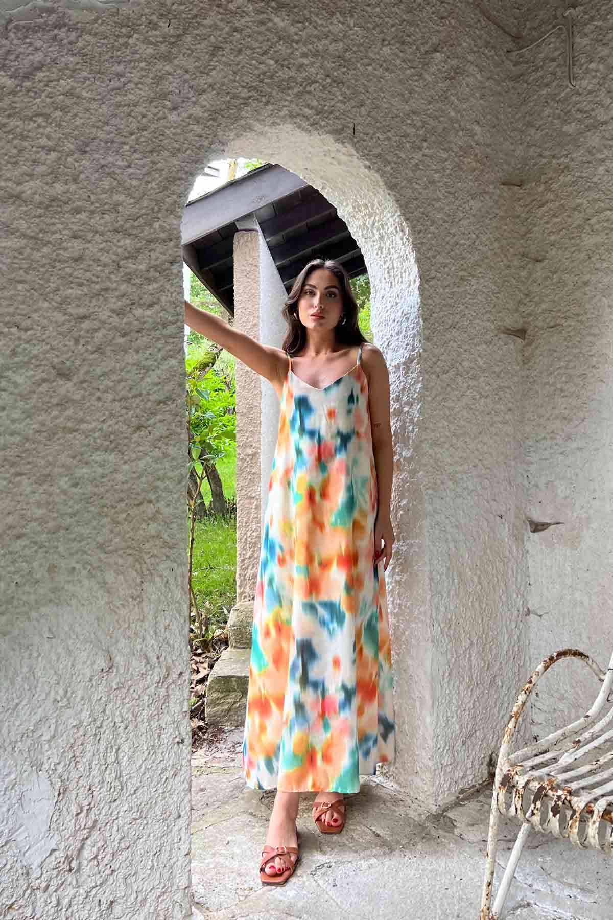 Turuncu Çok Renkli Desenli İp Askılı Keten Elbise SY-2020-Turuncu