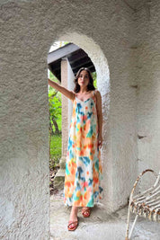 Turuncu Çok Renkli Desenli İp Askılı Keten Elbise SY-2020-Turuncu