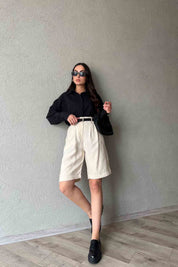 Bej Çift Pile Detaylı Basic Bermuda Şort SY-2010-Bej