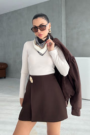 Kahve Toka Detaylı Mini Şort Etek SY-3445-Kahve