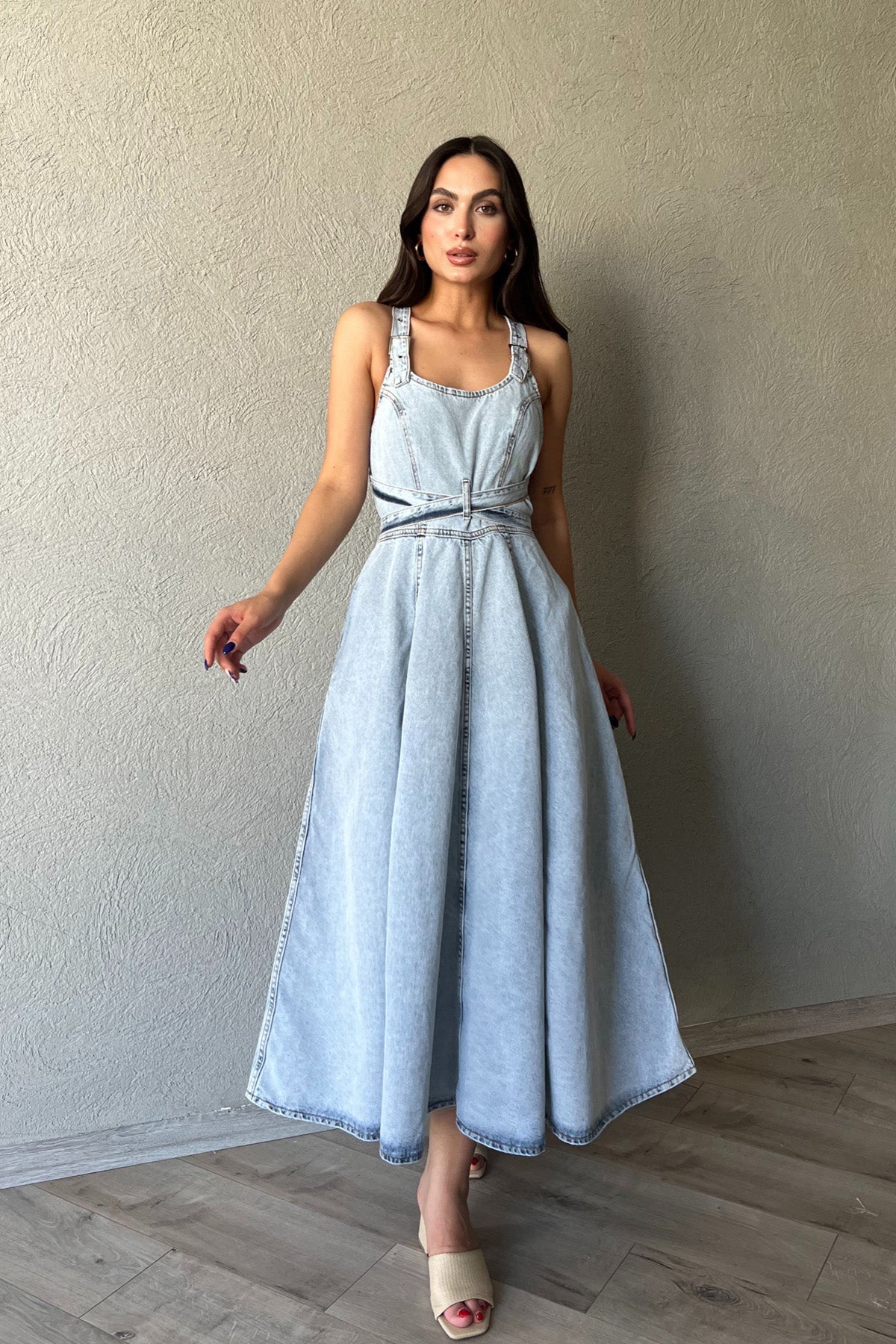 Açık Mavi Tasarım Bağlama Detay Denim Uzun Elbise SY-0836-Açık Mavi