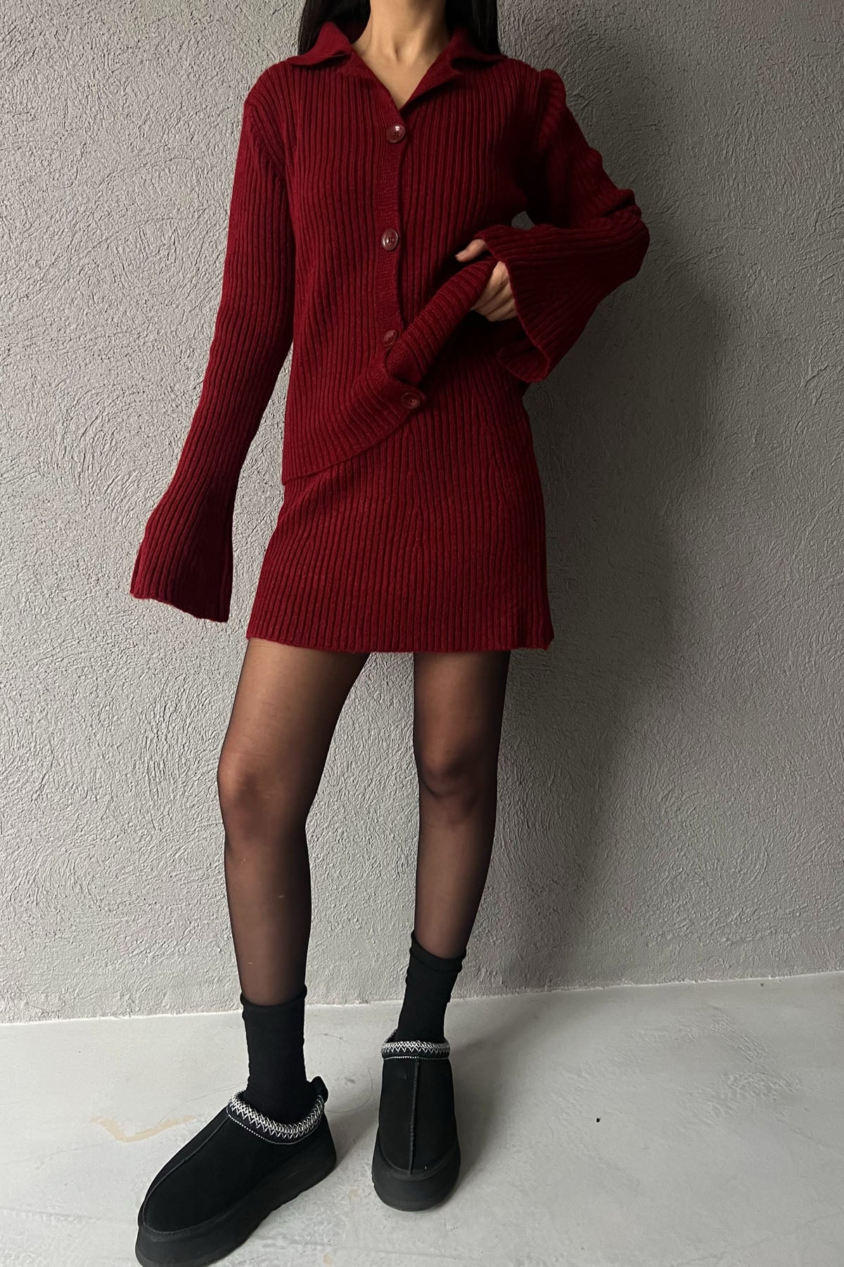 Bordo İspanyol Kol Hırka ve Etek Triko Takım SY-2785-Bordo