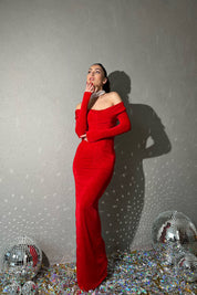 Kırmızı Yaka Detaylı Büzgülü Elbise SY-1427-Kırmızı