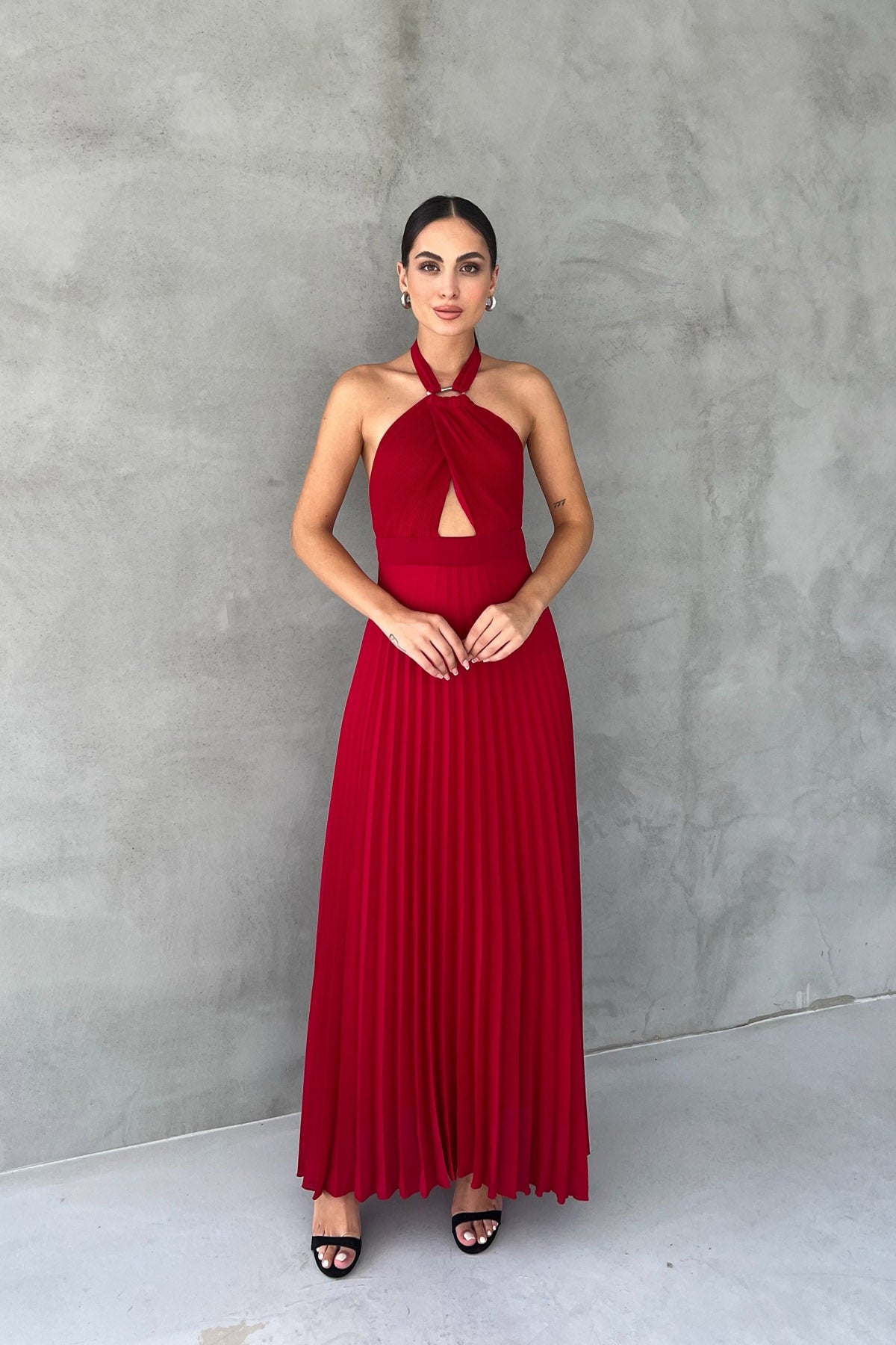 Kırmızı Piliseli Yaka Detaylı Elbise SY-2484-Kırmızı