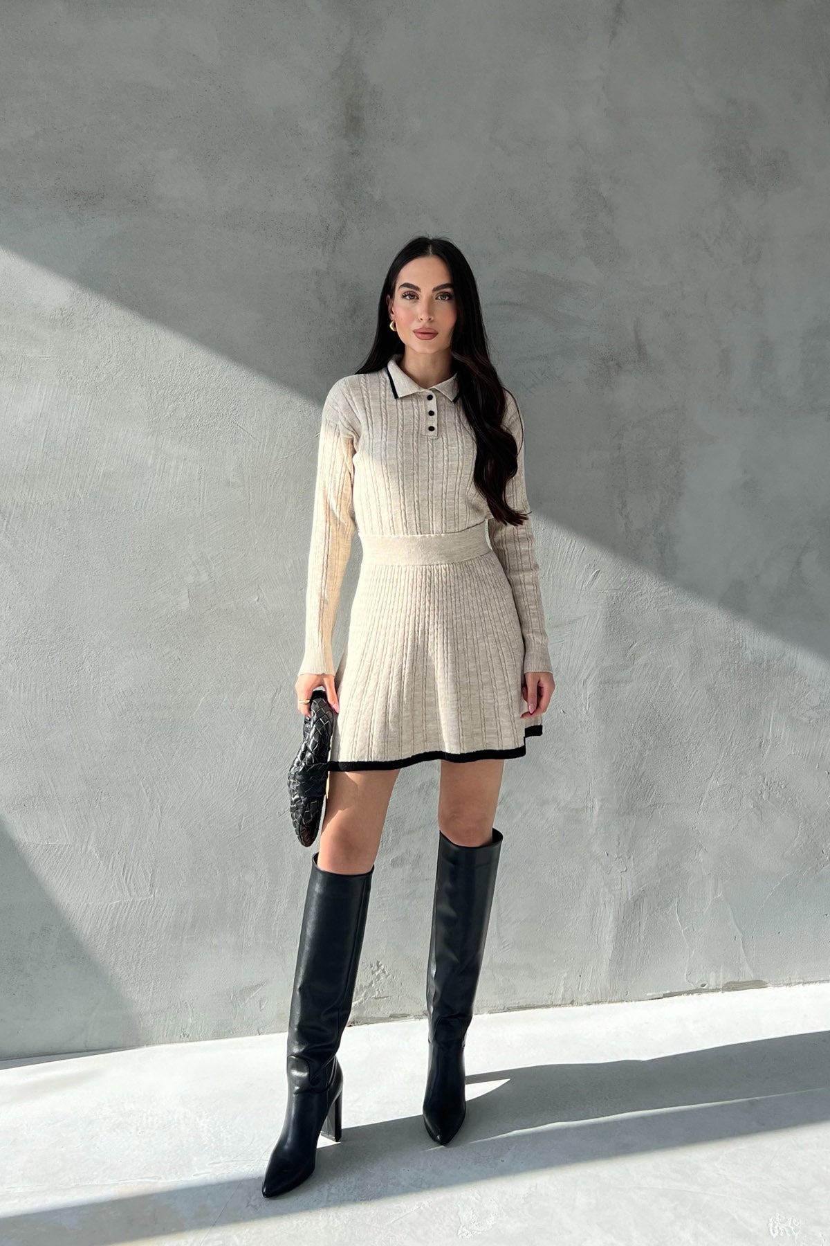 Bej Polo Yaka Triko Kazak Etek Takım SY-2841-Bej