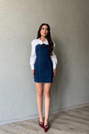 Koyu Mavi Straplez Gül Broş Detaylı Denim Elbise SY-1900- Koyu Mavi