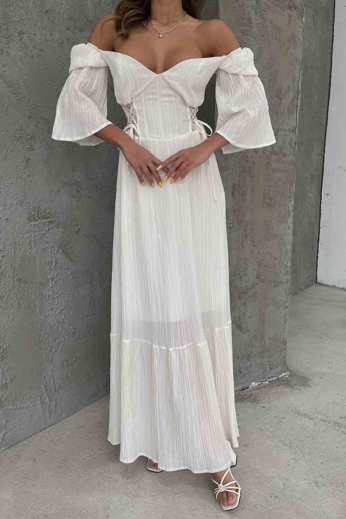 Beyaz Düşük Kol Balenli Gofre Kumaş Uzun Elbise SY-1779-Beyaz