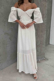 Beyaz Düşük Kol Balenli Gofre Kumaş Uzun Elbise SY-1779-Beyaz