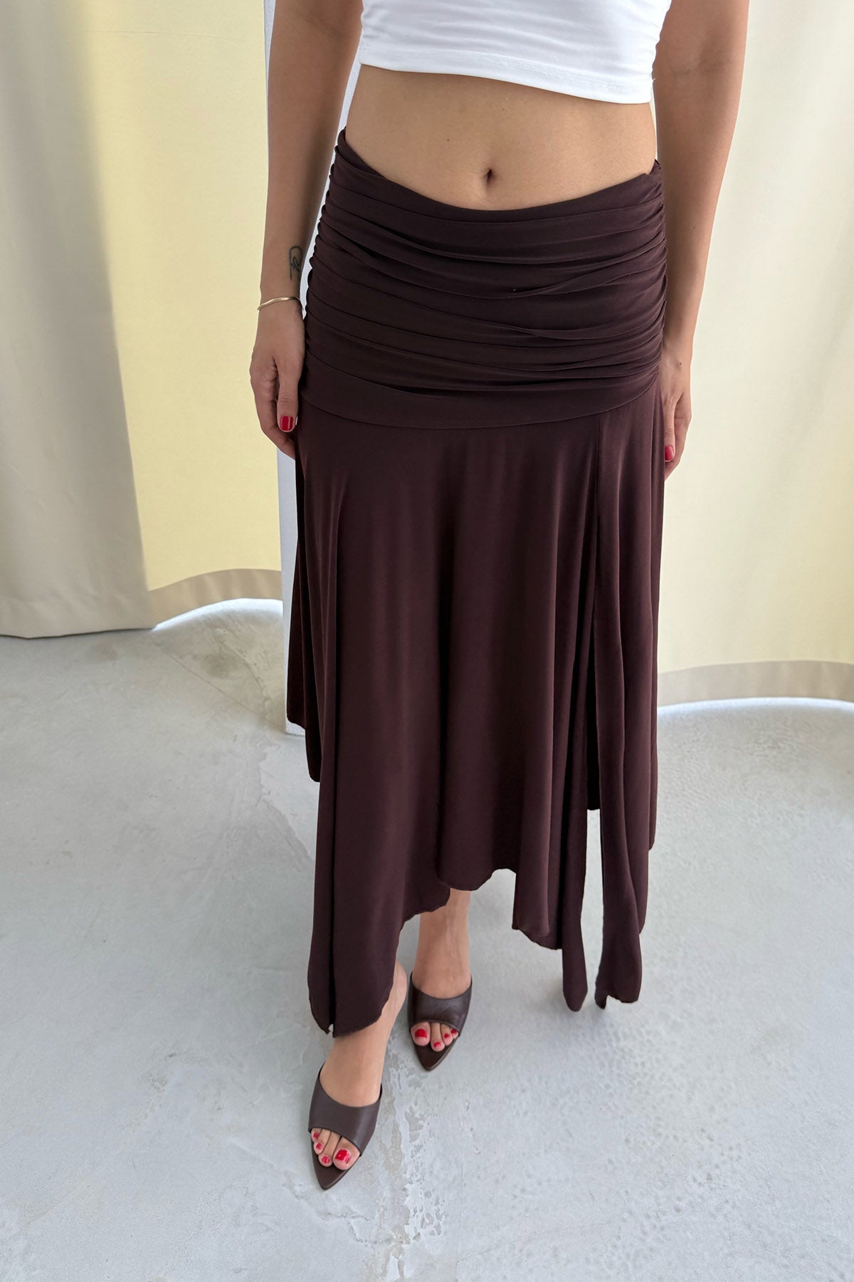 Büzgülü Asimetrik Kesim Kahve Manolya Etek SY-3269-Kahve
