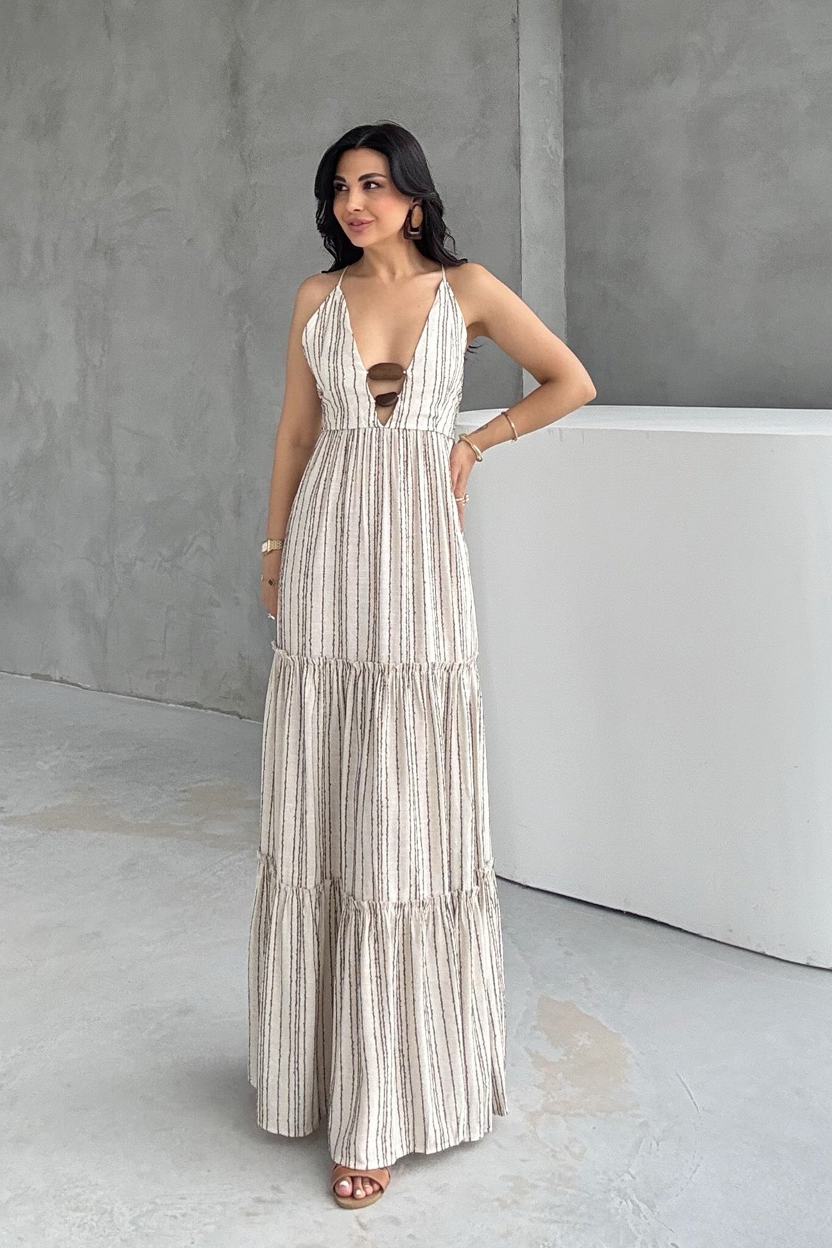 Kahve Boncuk Detaylı Elbise SY-3211-Kahve