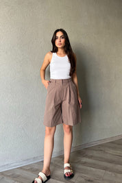Kahve Tek Pile Detaylı Bermuda Şort SY-2149-Kahve