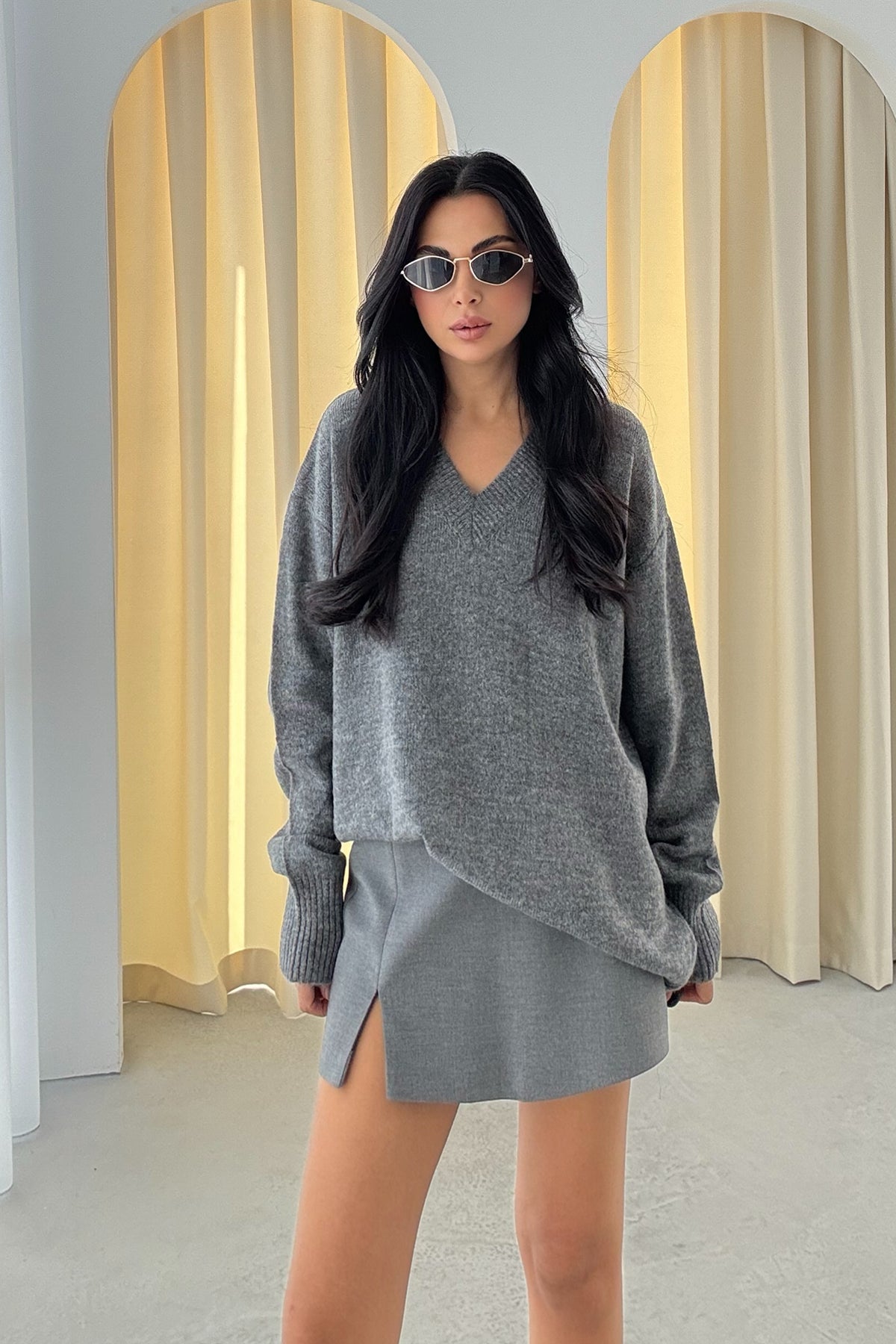 Antrasit V Yaka Oversize Pinterest Triko Kazak SY-3348-Antrasit