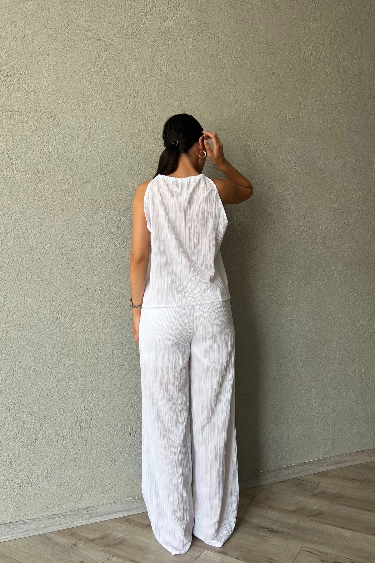 Beyaz İp Askılı Bluz Pantolon Takım SY-2259-Beyaz