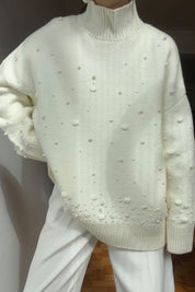 Ekru İnci Detaylı Yarım Balıkçı Triko Kazak SY-2741-Ekru