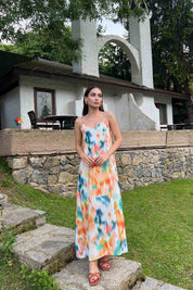 Turuncu Çok Renkli Desenli İp Askılı Keten Elbise SY-2020-Turuncu