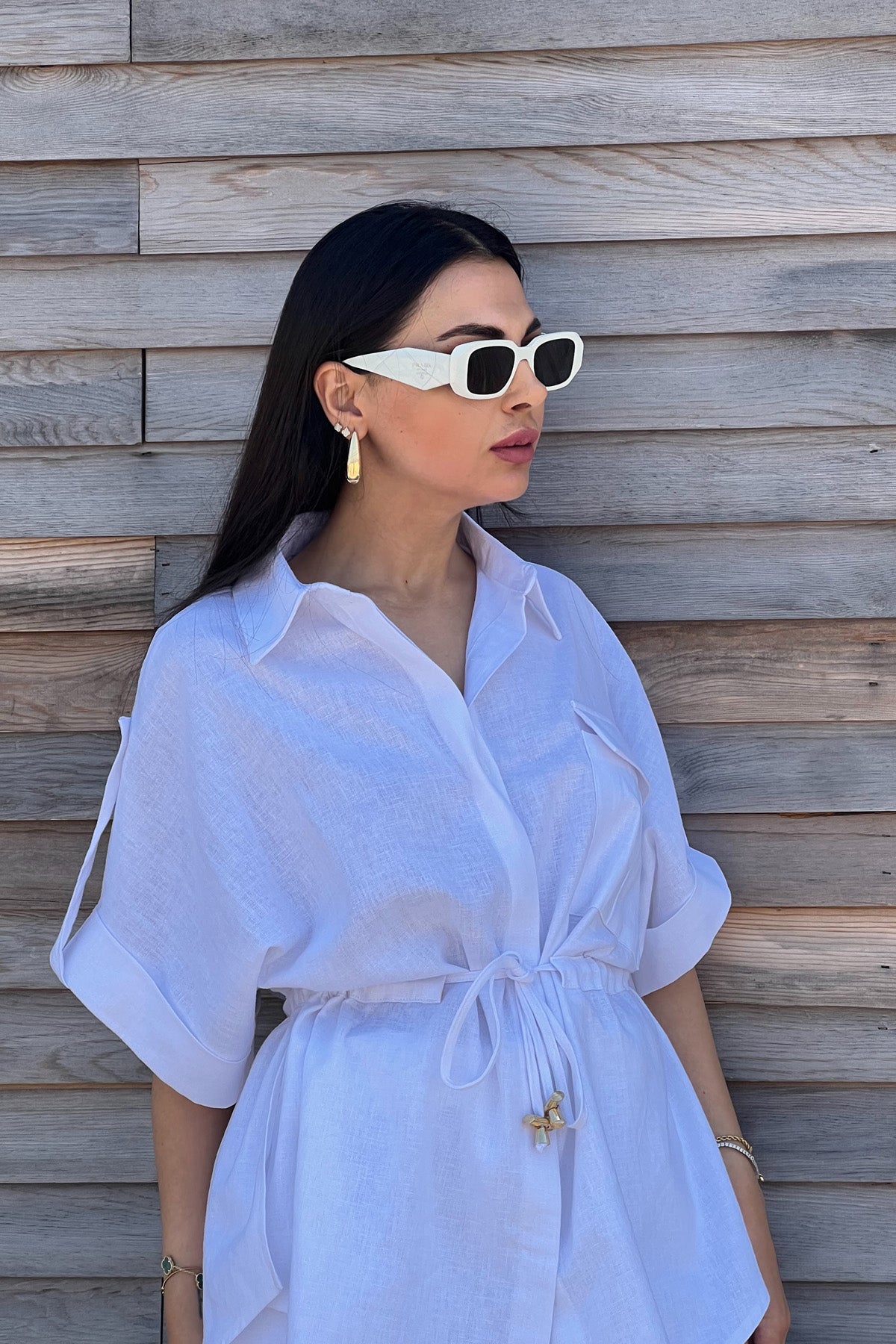 Beyaz Belden Bağlama Detaylı Keten Takım SY-2189-Beyaz