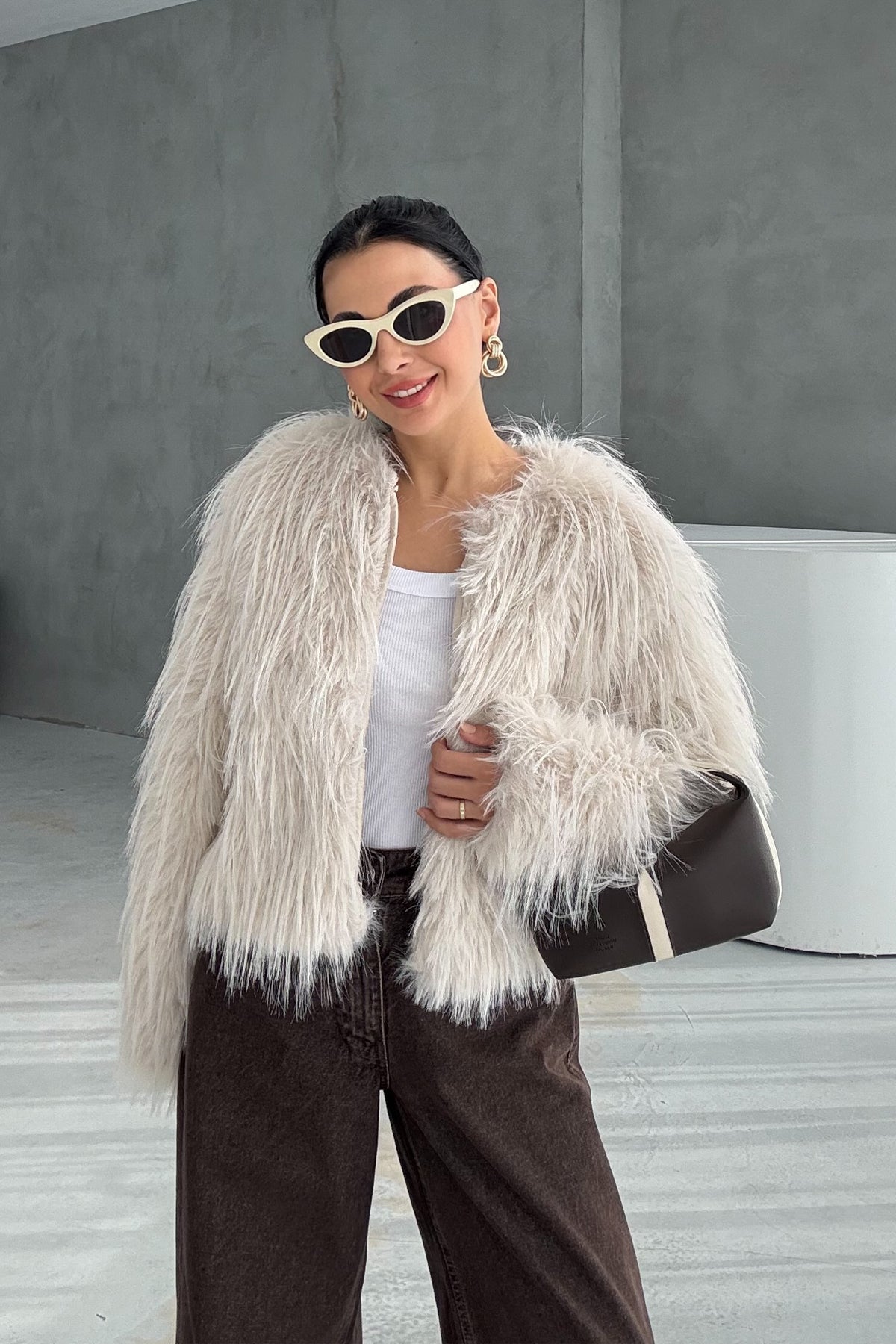 Ekru Saçaklı Kürk Ceket SY-3388-Ekru