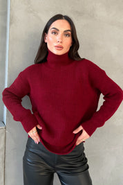 Bordo Balıkçı Yaka Çizgili Kazak SY-2847-Bordo