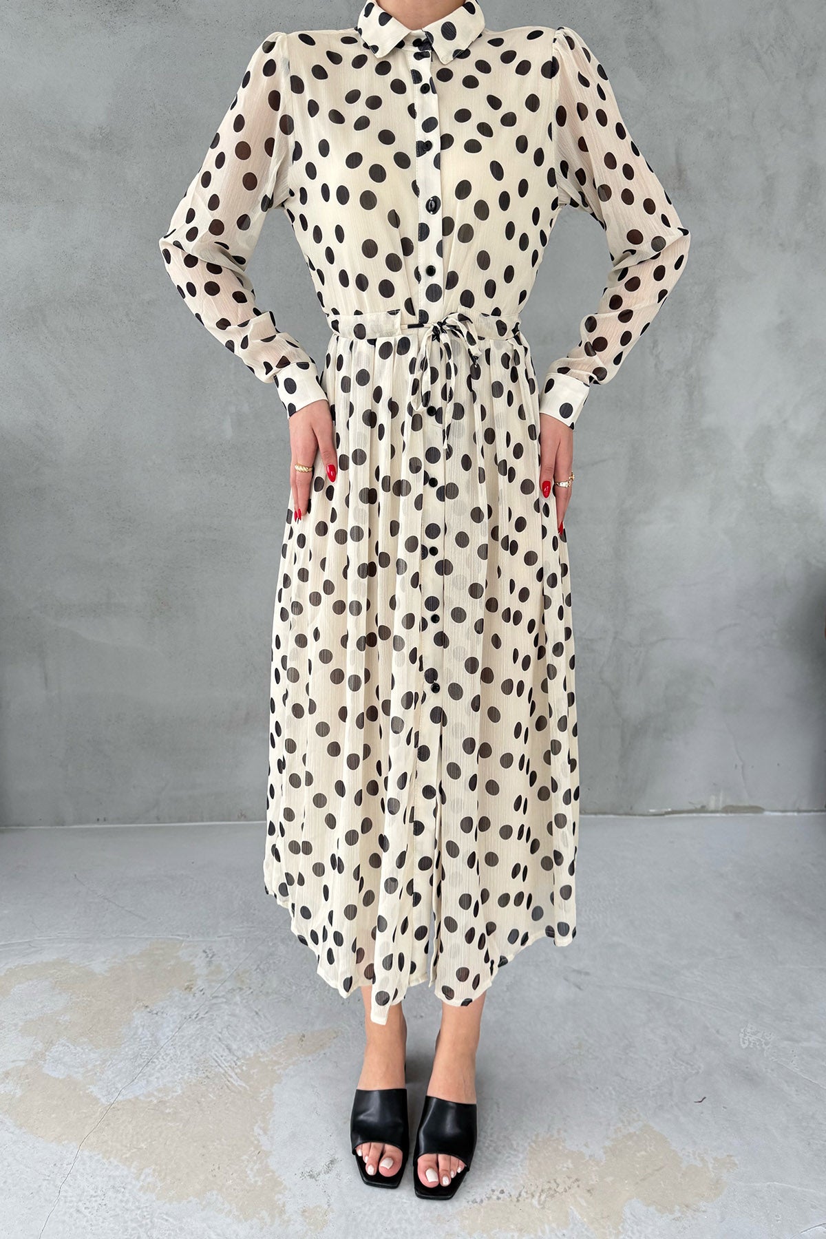 Bej Puantiyeli Gömlek Elbise SY-3050-Bej