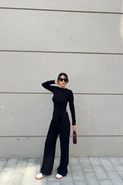 Siyah Uzun Kollu Büzgü Detaylı İkili Triko Takım SY-2455-Siyah