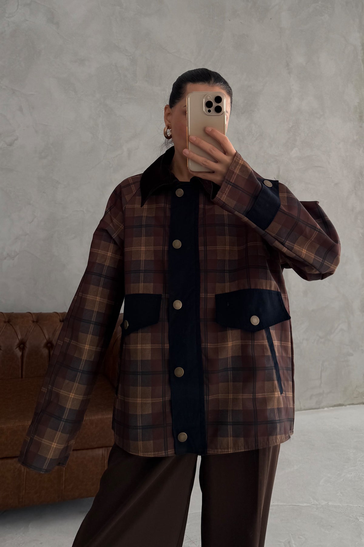 Haki Kadife Yakalı Ekose Ceket SY-3423-Haki