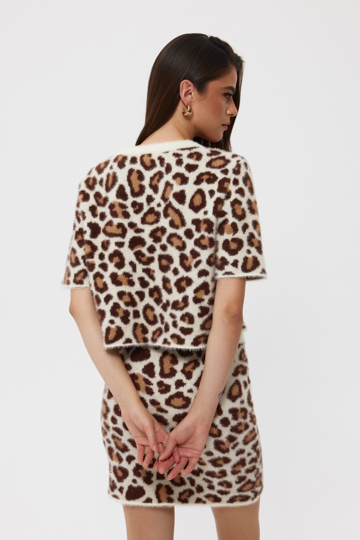 Leopar Desenli Gold Düğme Detaylı Yelek Etek Triko Takım SY-2475-Taş
