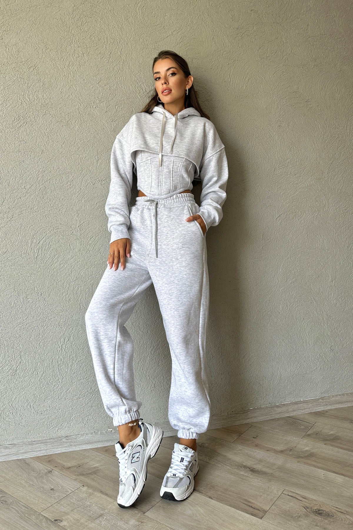 Açık Gri Sweatshirt Crop ve Eşofman Altı Takım SY-0966-Açık Gri