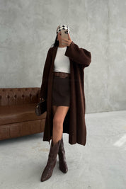 Salaş Uzun Kahverengi Triko Hırka SY-3420-Kahve