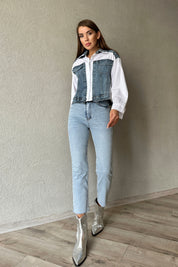 Poplin Garnili Kot Ceket SY-1106-Mavi