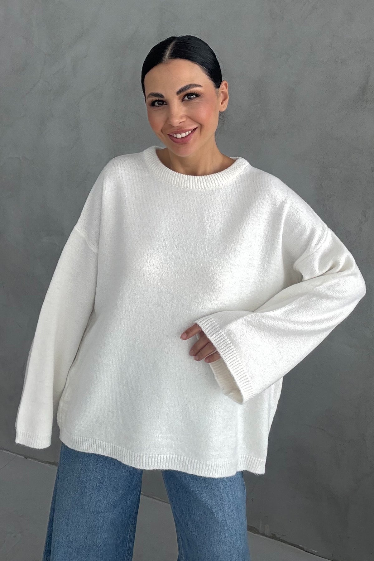 Beyaz Bisiklet Yaka Oversize Pinterest Triko Kazak SY-3343-Beyaz