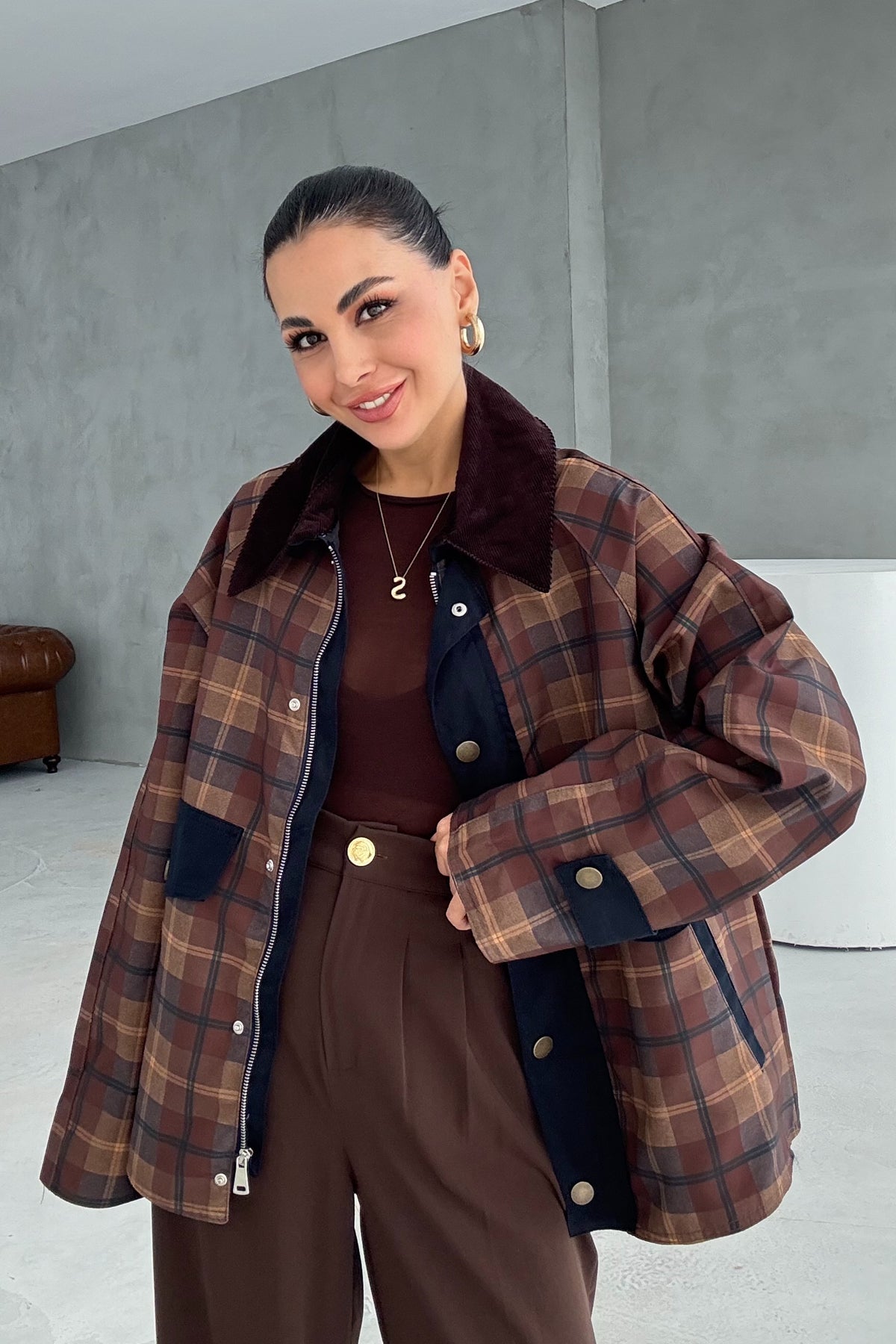 Haki Kadife Yakalı Ekose Ceket SY-3423-Haki