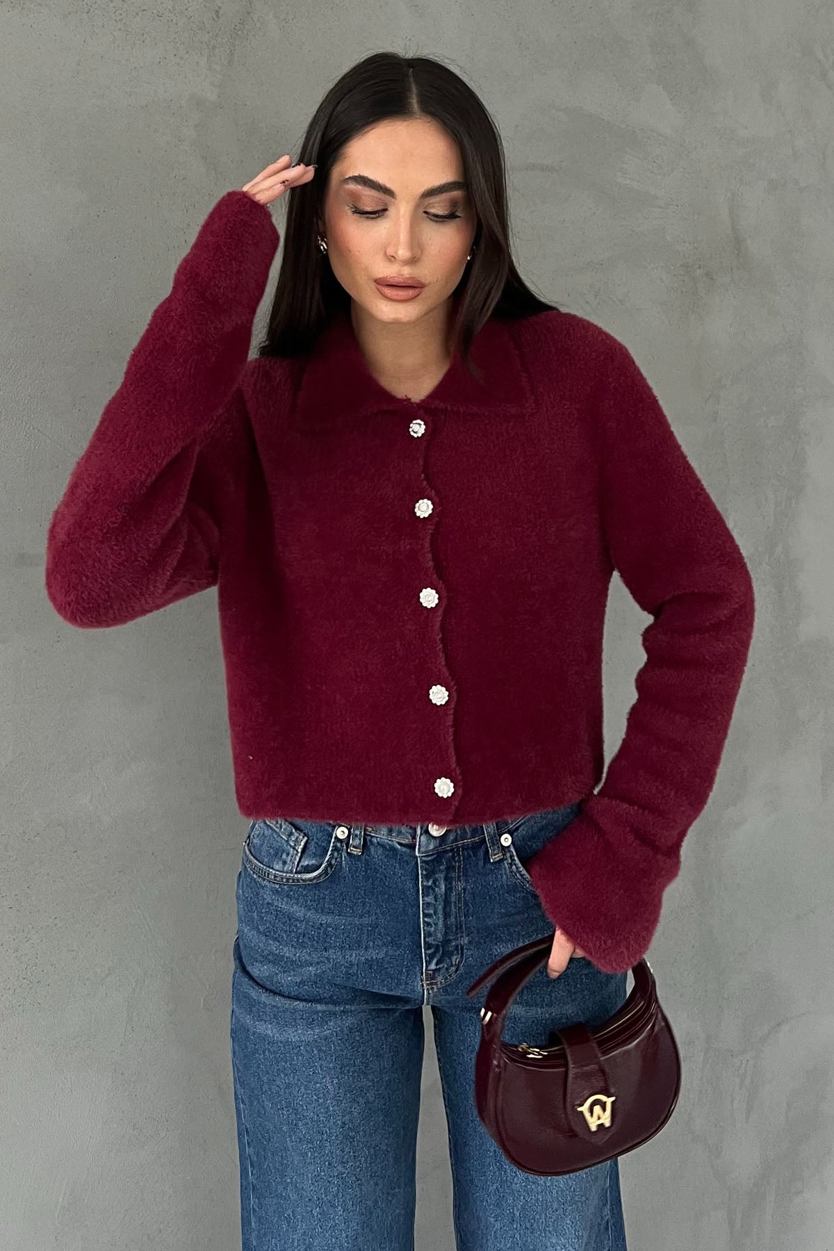 Bordo Çiçek Düğmeli Yumoş Hırka SY-2817-Bordo