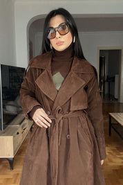 Acı Kahve Ponza Yırtmaç Detay Premium Süet Trençkot SY-2635-Acı Kahve