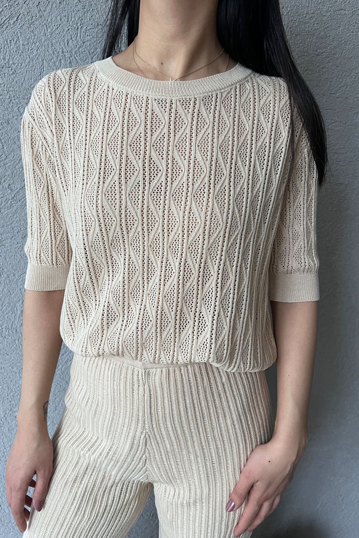 Bej Delikli Ajurlu İkili Tasarım Takım SY-0493-Bej