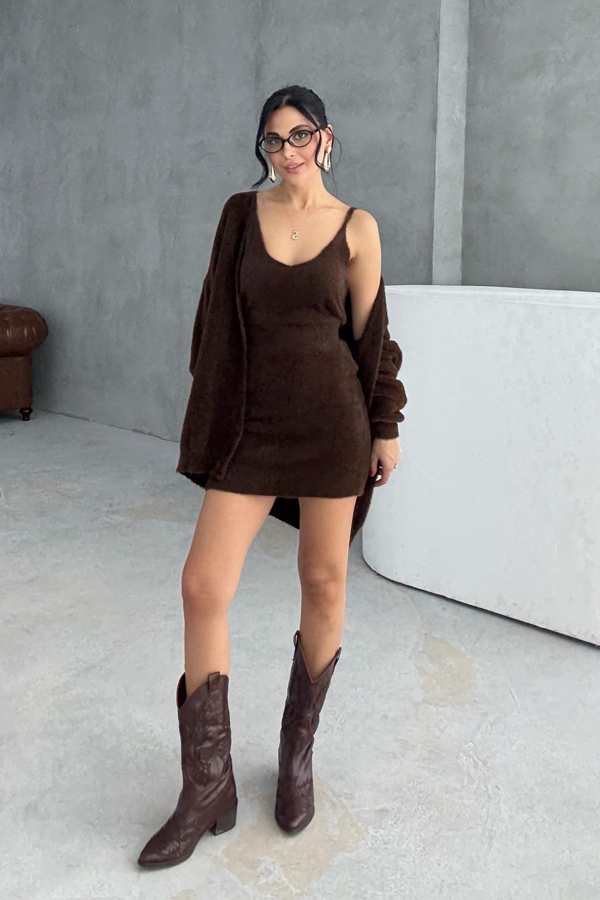 Kahverengi Yumoş 3'lü Etekli Takım SY-3441-Kahverengi